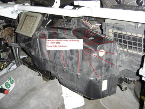 2007 Ford Mustang - Under-hood HVAC plenum chamber cover with red callout lines noting it is retained by 15 8mm bolts.
