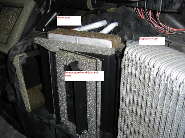 HVAC assembly showing heater core, blend door, and evaporator core with labels