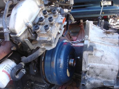 1993 Ford Taurus - Close-up of engine and transmission components, including a blue torque converter and a Motorcraft oil filter.