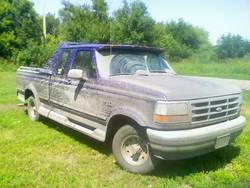 1995 Ford F-150 - A dusty purple Ford F-150 pickup truck is parked on a grassy area with trees in the distance.
