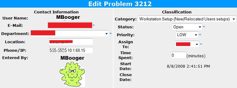 Screenshot of a computer form for editing a problem ticket, with contact and classification details.