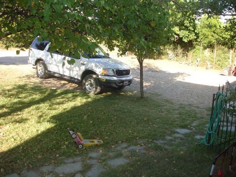 1989 Ford Bronco - A white SUV is parked under a tree, casting a shadow on the grass. A small red and yellow toy vehicle is on the grass in the foreground.