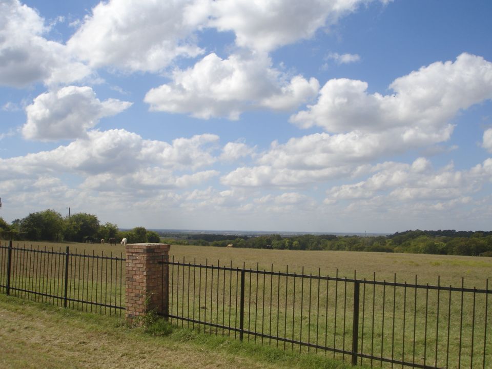 Rural landscape with horses grazing behind a fence under a cloudy sky.