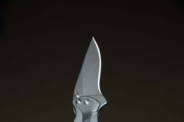 Folding pocket knife with satin drop-point blade against a dark background