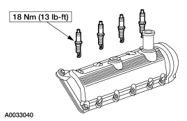 2007 Ford Mustang - Service figure showing spark plugs on a valve cover with an 18 Nm (13 lb-ft) torque specification.