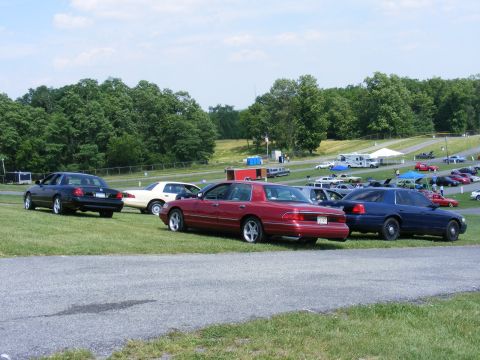 1997 Mercury Grand Marquis - Several sedans are parked on a grassy field with trees and a blue sky in the background.
