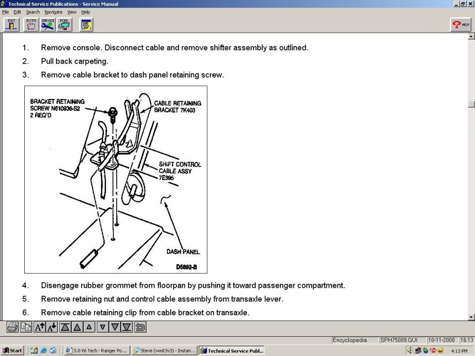 Service manual page with numbered steps and a figure for removing shift control cable assembly
