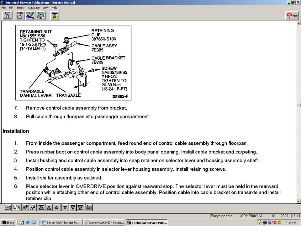 Service manual page showing shift control cable removal and installation steps with a labeled figure