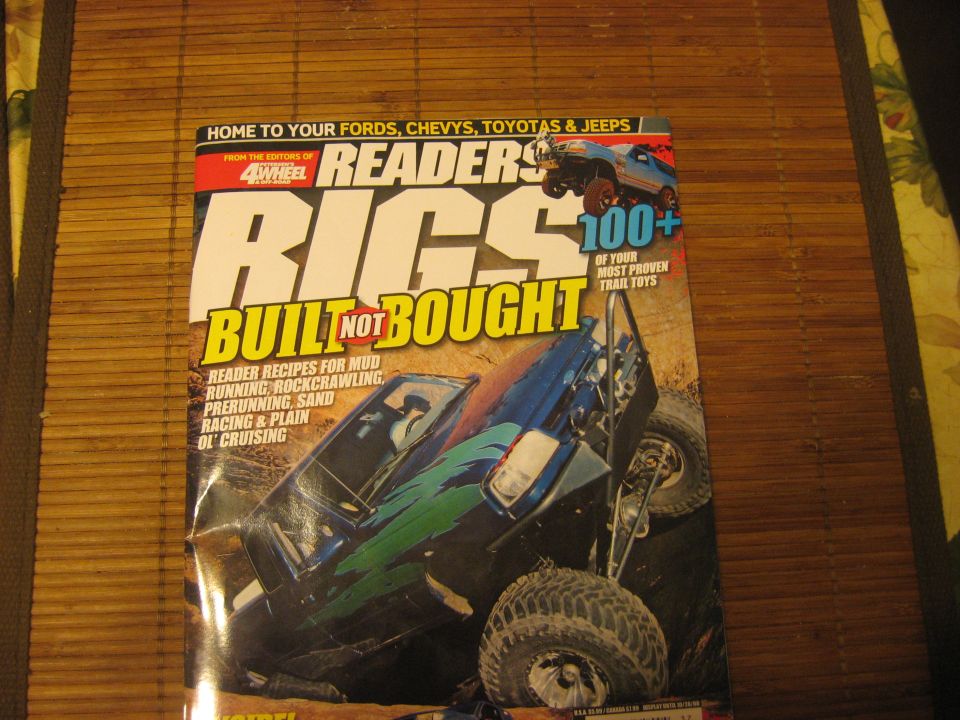 4Wheel & Off-Road Readers Rigs Built Not Bought magazine cover with a blue rockcrawler on the trail
