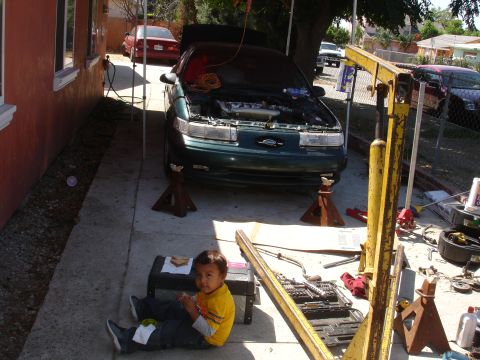 1993 Ford Taurus - A green 1993 Ford Taurus is elevated on jack stands with its hood open, suggesting ongoing maintenance or repair.