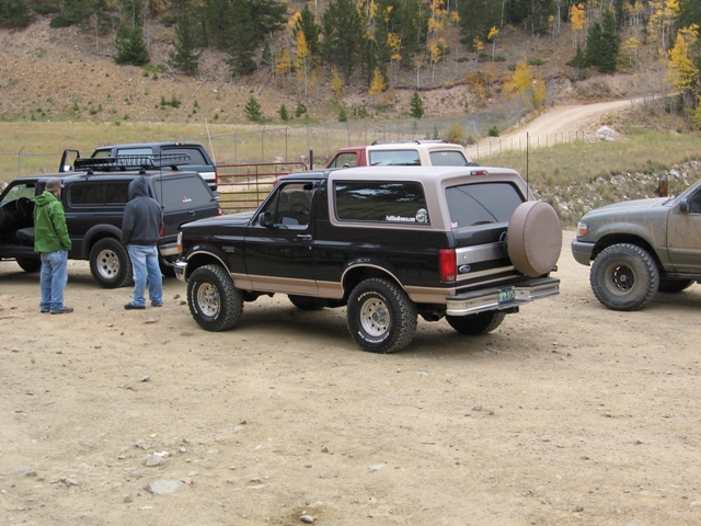 Black Ford Bronco with tan top parked on dirt lot with other SUVs.