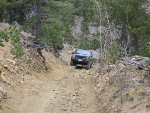 1996 Ford Bronco - A black Jeep Cherokee is driving up a steep, rocky, off-road trail surrounded by pine trees and sparse vegetation. The vehicle is positione…
