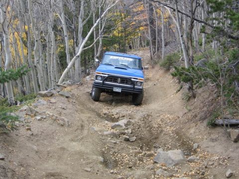 1996 Ford Bronco - A blue 1990s Ford Bronco navigates a steep, rocky, off-road trail surrounded by aspen trees with fall foliage.