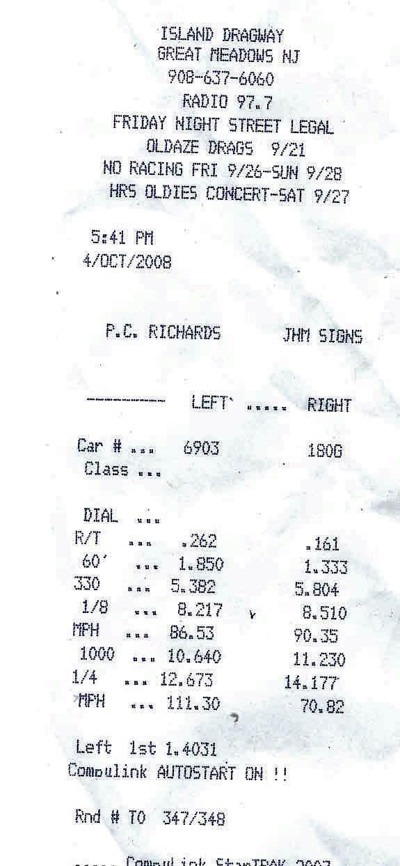 Drag racing time slip from Island Dragway with car numbers 6903 and 1806, event details, and driver names.
