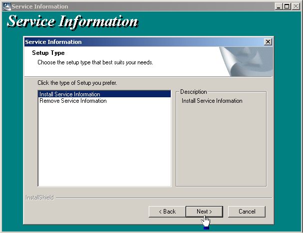Windows InstallShield Service Information setup dialog on screen