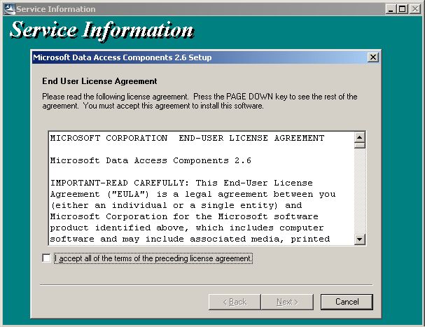 If any newer version of MDAC is installed, select CANCEL and YES.