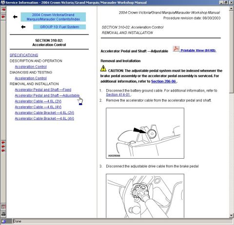 1994 Ford Crown Victoria - After drilling down through the menus (indicated in the top left) and selecting a specific item, the data is displayed to the right.