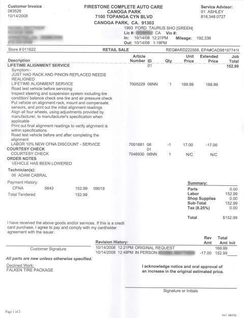 1993 Ford Taurus - This Firestone Complete Auto Care invoice details services performed on a 1993 Ford Taurus SHO, including lifetime alignment service.