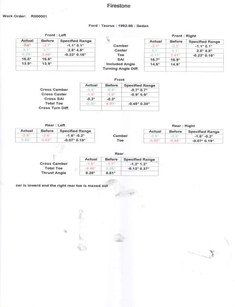 1993 Ford Taurus - Firestone alignment document detailing front and rear wheel measurements for a 1992-96 Ford Taurus Sedan.