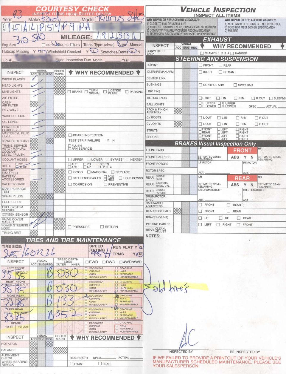 Vehicle inspection document with handwritten notes and tire information. Year 1993 is visible