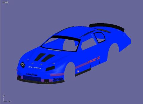 2004 Jeep Wrangler - A digital rendering of a blue race car body, IROC-Z and Camaro branding, is shown from a three-quarter front view.