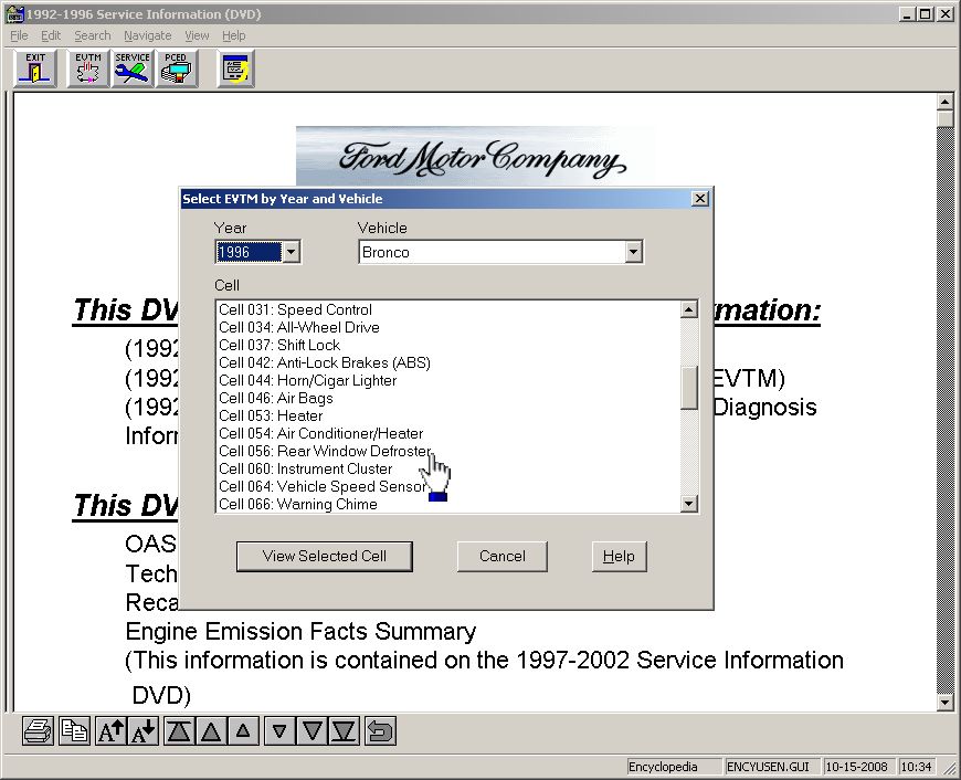 A dialogue opens allowing the vehicle & EVTM cell to be selected.  Double-clicking the cell name is equivalent to clicking the cell to select, then clicking "View Selected Cell".
