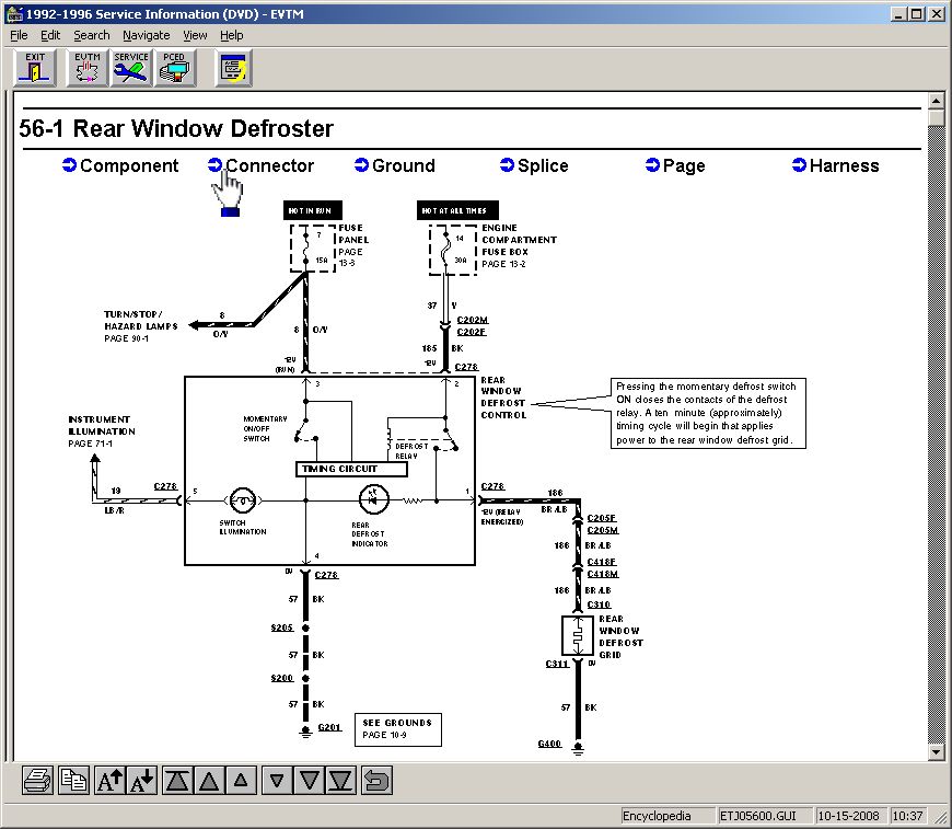The entire cell is shown on one browser page.  The slider on the R side will scroll down to subsequent cell pages, but in this case, there is only one.

Using this diagram, it's obvious why the defrost switch illumination still works: it's fed from the instrument panel circuit, and merely grounds through the defrost switch.  Since the defrost doesn't come on, but the ground obviously works, the fuses are suspicious.  To check power in the connector, the pinout is needed, so note the connector number of the wires in question (C278 for all 5 wires) & click "Connector".