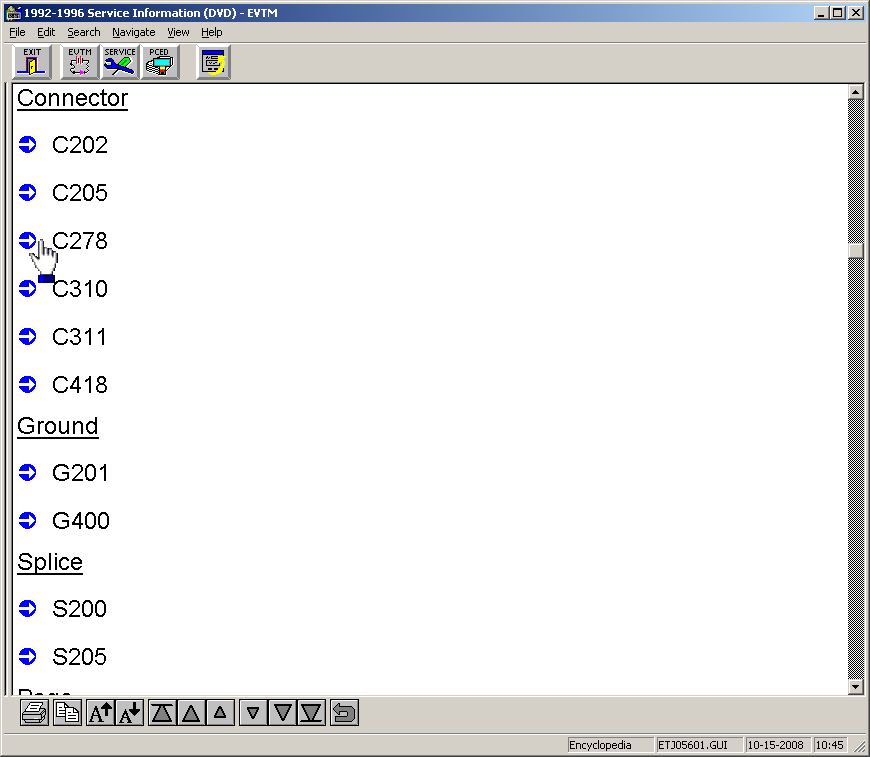 A list of all connectors shown in the source cell appears.  Scrolling up or down will show the lists of components, grounds, splices, & referenced pages.

To check the defrost switch connector, click its number.
