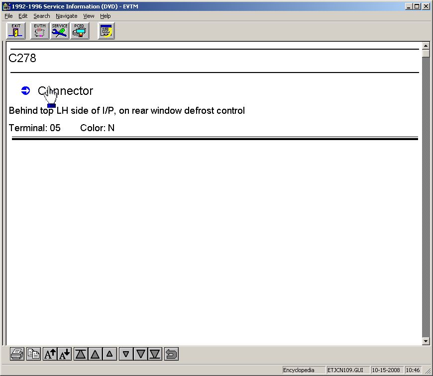 The connector's location appears.  This particular connector does not include a diagram - just a text description.  It has 5 terminals and is molded from Natural-colored plastic.  To see the pinout, click "Connector".  Some connector pinouts (including most with 3 or fewer terminals) are not shown.