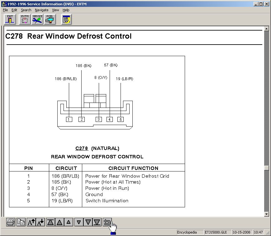 Pins 2 & 3 are the suspect terminals.  After testing with a voltmeter or 12V test light with the key OFF and in RUN, it is found that pin 3 is never hot.

To trace that circuit, hit ESCAPE or click the back button 2x to return to the defroster cell.