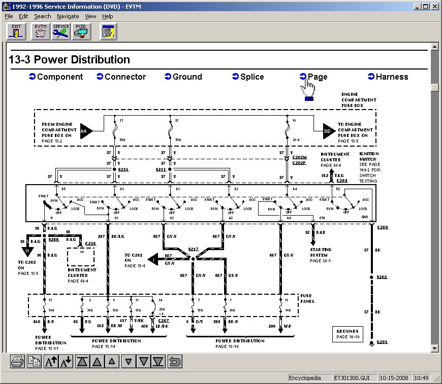 Since the fuse burns, it obviously has power coming from the battery, so this diagram doesn't help.  But the circuit is continued on page 13-10, so click PAGE again and go there.  Alternatively, since the target page is in this same cell, the RHS scroll bar can be used to find that page.