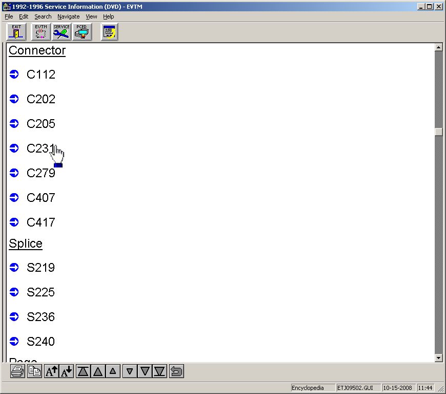Service manual software screen listing connectors and splices