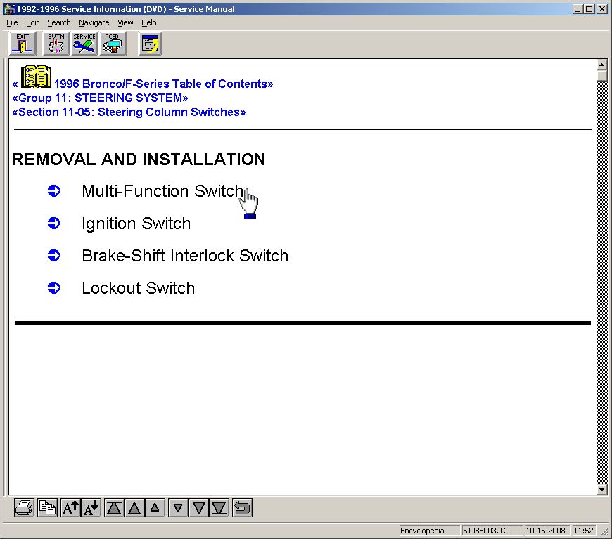 Service manual table of contents for steering column switches