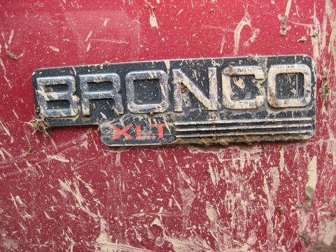 1994 Ford Bronco - The Bronco XLT badge is covered in mud, obscuring the vehicle's specific model year.