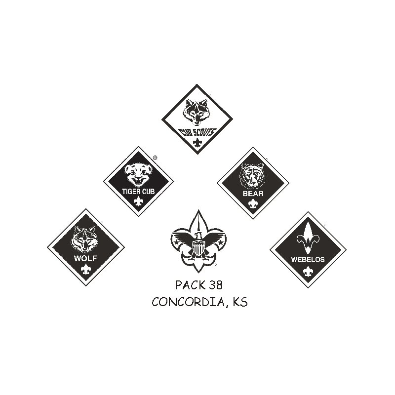 Scout emblems for Wolf, Tiger Cub, Bear, and Webelos, with text 'PACK 38 CONCORDIA, KS'