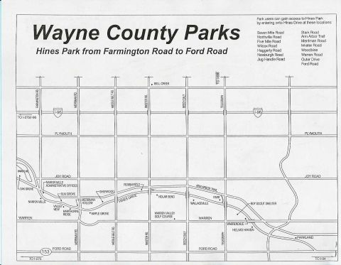 1990 Ford Taurus - This document details the road network and points of interest within Wayne County Parks, specifically Hines Park.