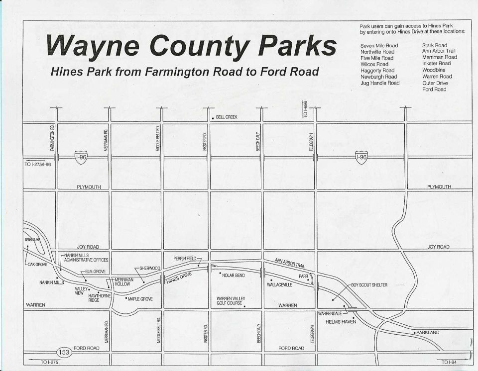 Map of Wayne County Parks showing Hines Park from Farmington Road to Ford Road with various roads and locations labeled