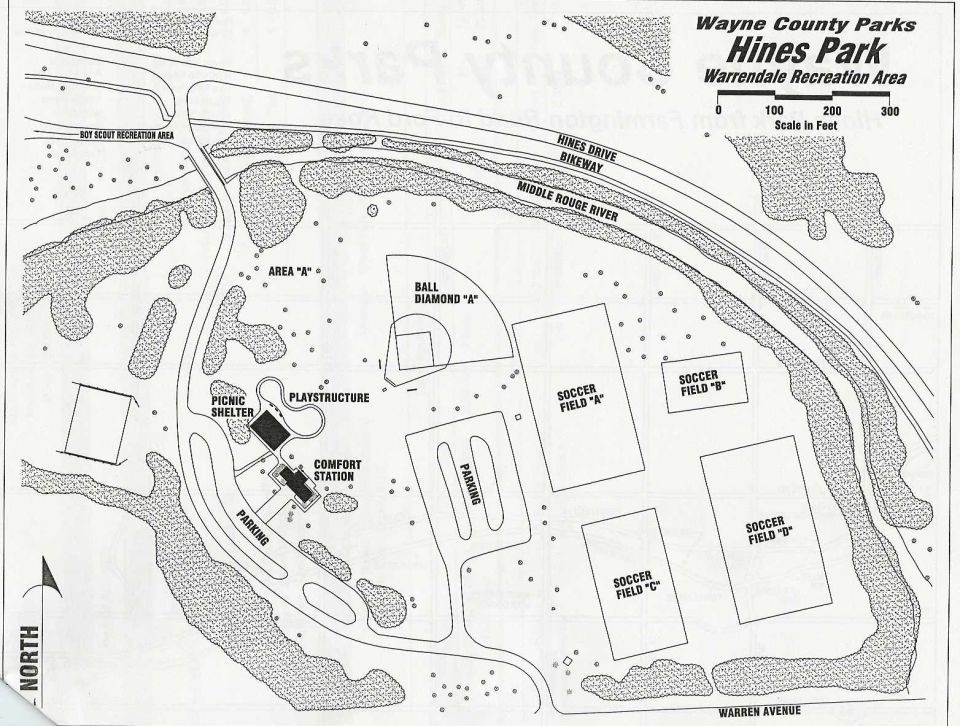 Map of Hines Park Warrendale Recreation Area showing soccer fields, ball diamond, picnic shelter and parking
