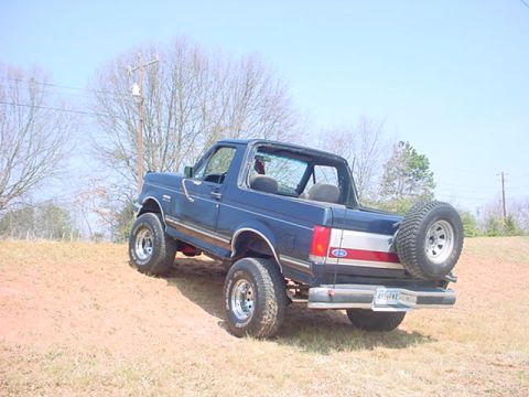 1989 Ford Bronco - Rear view of a 1989 Ford Bronco on a dirt incline under a clear sky.