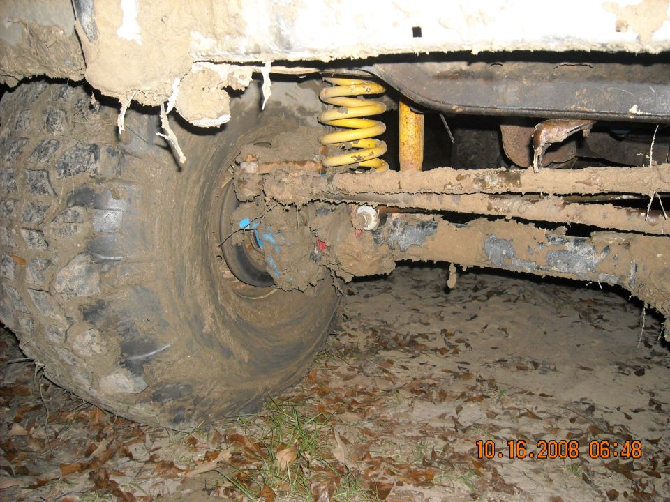 Mud-covered tire, yellow shock absorber, and suspension components of an off-road vehicle