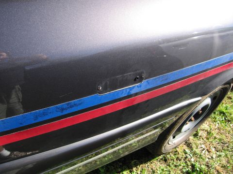1991 Ford LTD Crown Victoria - Close-up of a dark gray car's side panel, red and blue pinstripes and a black trim piece.