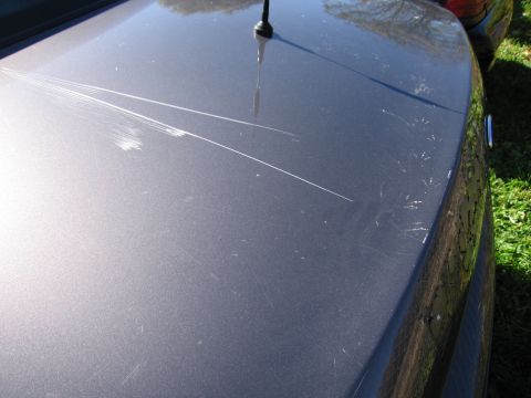 1991 Ford LTD Crown Victoria - The hood of a gray car shows significant scratching and a visible antenna.