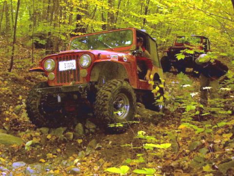 1985 Ford Bronco - A red jeep navigates a rocky, wooded path with another vehicle following behind.