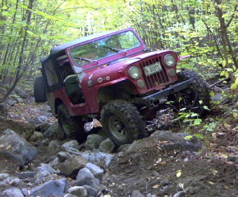 1985 Ford Bronco - A red Jeep CJ-7 tackles a challenging, rocky, wooded off-road path.