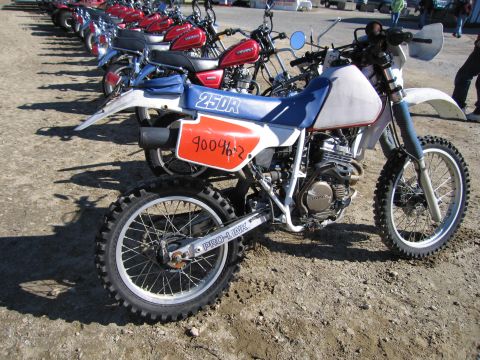 1991 Ford LTD Crown Victoria - A dirt bike is parked in a row with other motorcycles, showing '250R' and a number on its side panel.