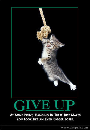 1971 Ford Ranchero - A kitten dangles precariously from a thick rope, a humorous image with the text 'GIVE UP' below.