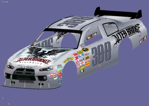 2004 Jeep Wrangler - A digital rendering of a racing car body, likely a Mitsubishi Lancer, adorned with 'Alter Bridge' branding and sponsor logos.