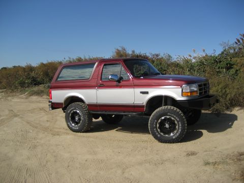 1996 Ford Bronco - This 1996 Ford Bronco is shown in a three-quarter front view on a sandy terrain with vegetation in the background.