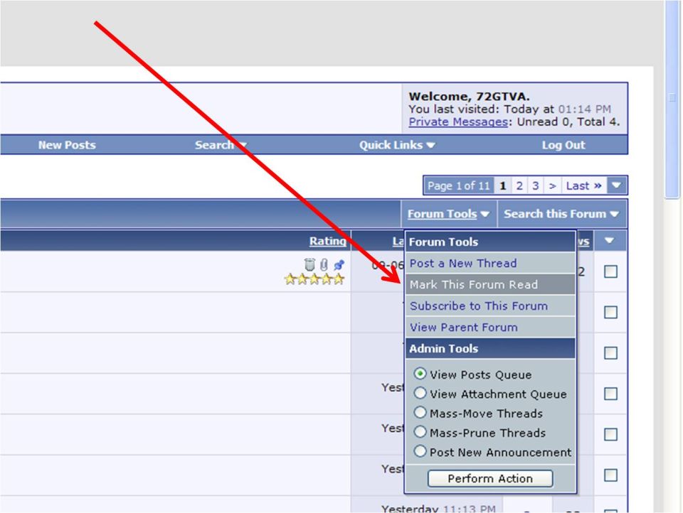 Close-up of forum Admin Tools menu with red arrow
