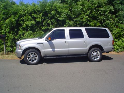 2005 Ford Excursion - Side view of a silver 2005 Ford Excursion parked on a street with trees in the background.